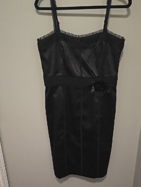 White House Black Market Black Satin Midi Sheath Dress with Ruffle Trim